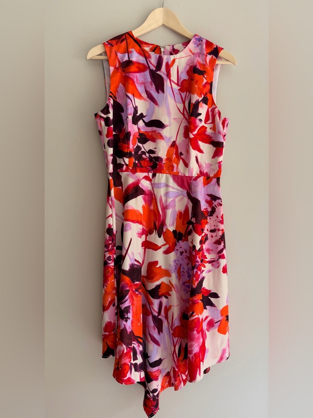 Asymmetrical Donna Morgan Pink Red Floral Fit-and-Flare Dress